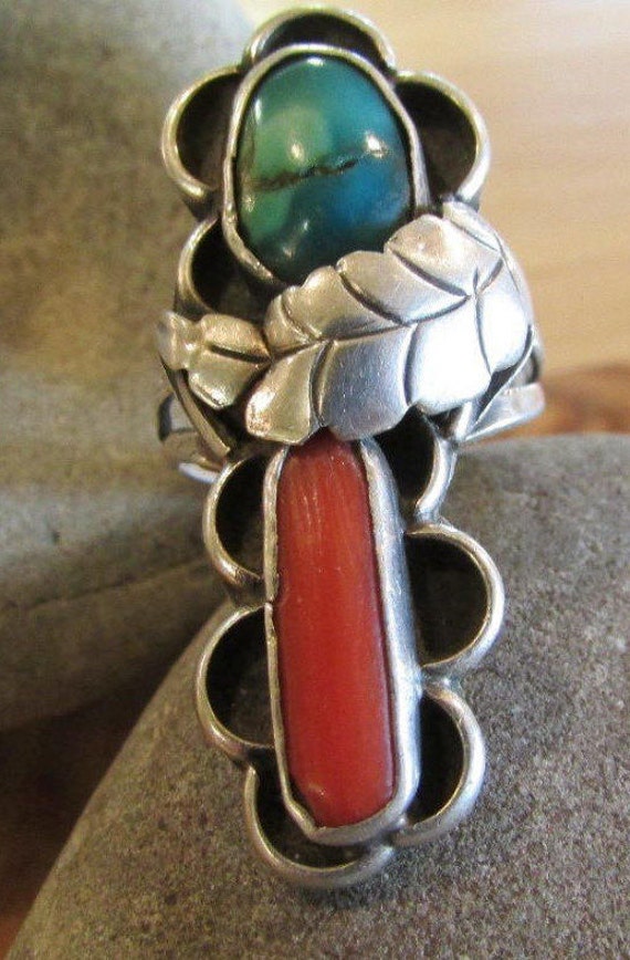 Turquoise Statement Ring With Red Branch Coral De… - image 3