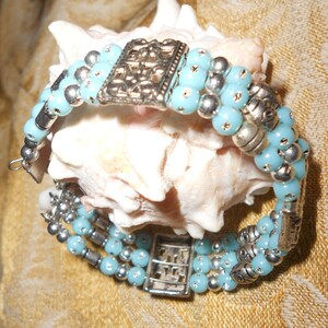 Blue Jade & Rhinestone Bridal Bracelet - Heavenly Sky Toned Beads inset With Dazzling Points Of Light