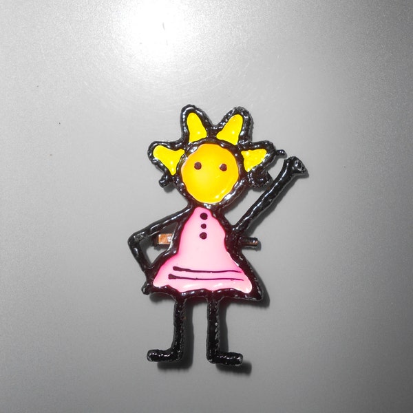 Happy Hello Stick Figure Pin-80's Girl Power Neon Hued Electric Pink Yellow And Orange Enameled Whimsical Black Brooch- Cute Retro Jewelry