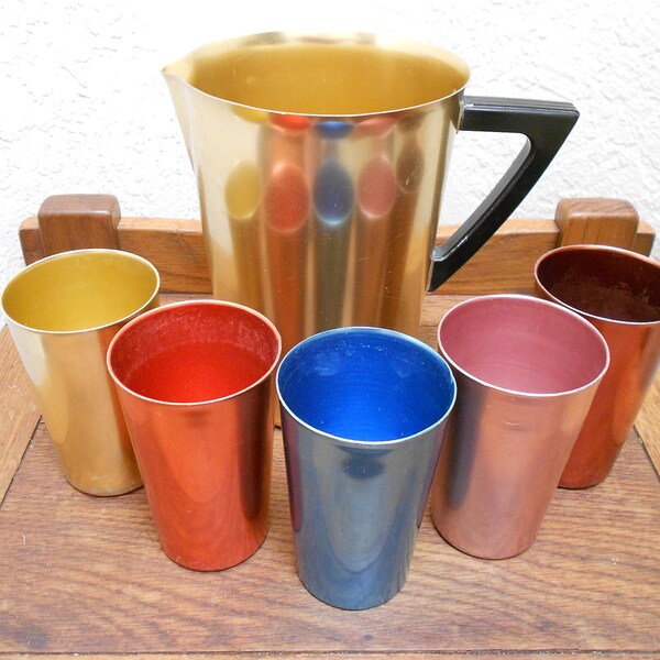 Atomic Rainbow "Bascal" Aluminum Drink-Ware -Italian Mid Century Pitcher Set With Vibtant Hued Anodized Tumblers