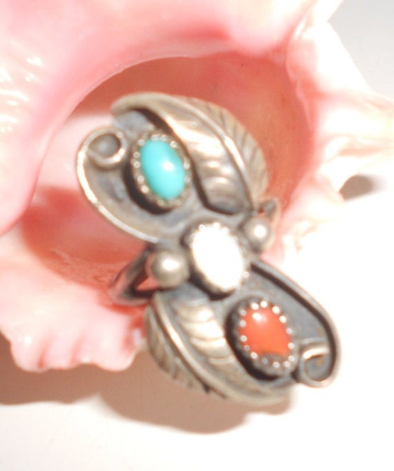 Turquoise Ring -Mother Of Pearl & Coral Navajo Si… - image 3
