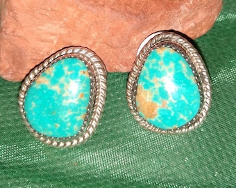 Royston Turquoise Stud Earrings (Larger-Sized) Signed Sterling Silver Vintage Navajo Turquoise Pierced Post-Back Unisex Beauties