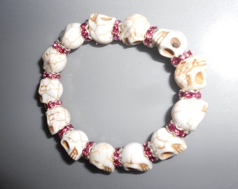 Pink Crystal Skull Bracelet-Ghost Turquoise Beads With Pink Crystal Spacers Ideal For the Gothic Bride