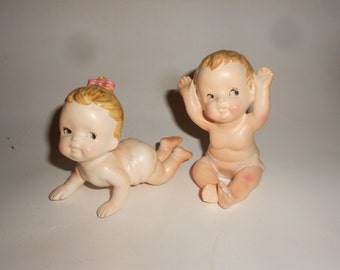 Piano Babies- Vintage Boy and Girl Bisque Porcelain Cuties  Whimsical Piano Or Shelf Sitters - Cute For Nursery Too!