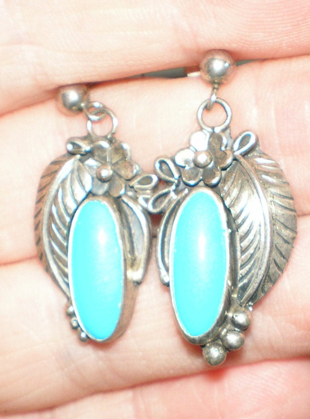 Turquoise Squash Blossom Drop Earrings Sterling Silver Etsy