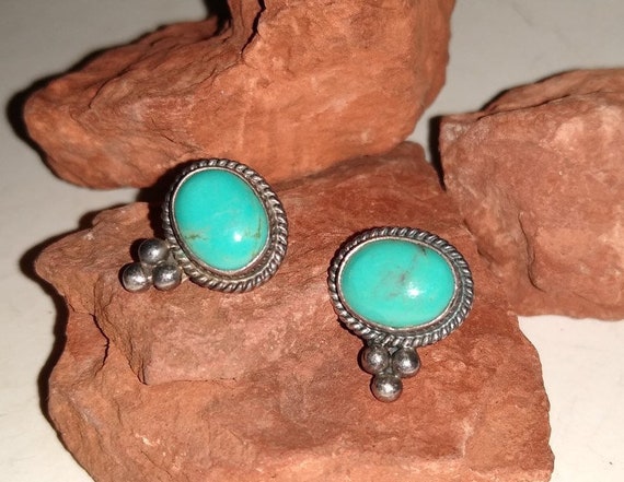 Royston Turquoise Stud Earrings Navajo Triple Dro… - image 2