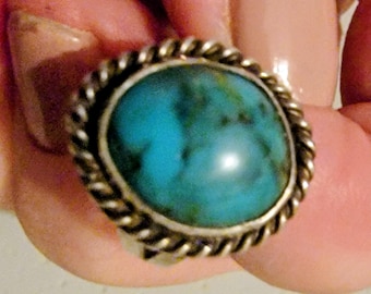 Bisbee Turquoise Ring Navajo Made Vintage Sterling Silver Tribal Dead Pawn Size 4-1/2 Hippie Style-1960s