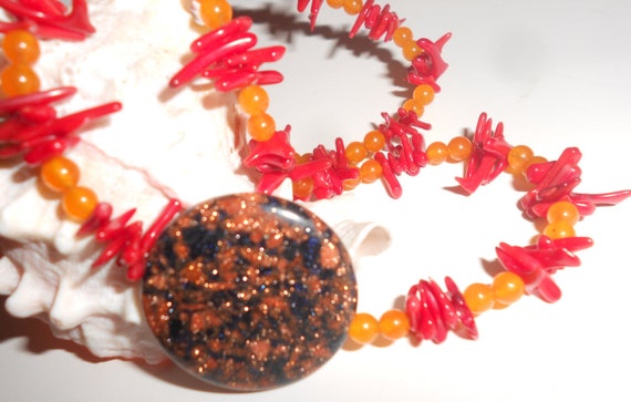 SALE-Red Coral & Orange Carnelian Choker Necklace… - image 1