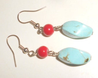 VERKOOP-Turquoise & Coral Oorbellen "Aardse" Beaded Beauties- Handgemaakte Pierced Beauties -Gift Boxed