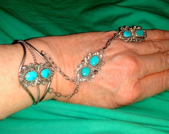 Pulseira de prata esterlina vintage hippie Navajo dos anos 60 com turquesa e detalhes em bisel - Estilo tribal deslumbrante e marcante.
