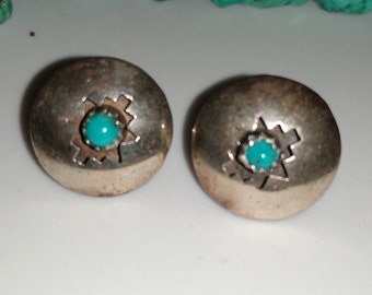 Turquoise Santa Fe Star Stud Earrings "Shadowboxed" Dome Sterling Silver Vintage Navajo Vintage -Pierced Studs