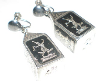 Siam Nielloware Sterling Earrings RARE Vintage &quot;Goddess&quot; Large Box Style 40s Enameled Damascene Beauties