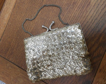 Sequin Purse-Flapper Era Antique Gold Sequins Gatsby Chic Hand Sewn And Decorated On Metal Hinged Frame Art Deco Beauty