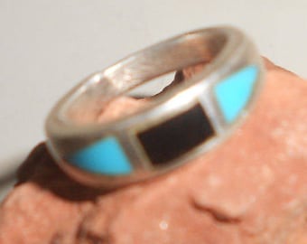 Turquoise Onyx Zuni trouwring stijl Tribal Ring Unisex Sterling Band Vintage jaren '70 Maat 4-1/2