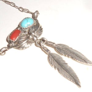 Turquoise & Coral Feather Pendant Artist Signed Sterling Navajo Unisex Amulet Articulated 60s Hippie Vintage