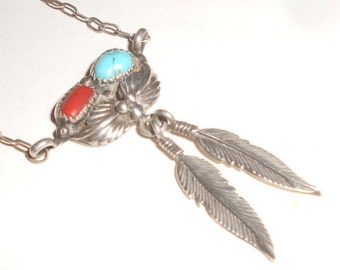 Turquoise & Coral Feather Pendant Artist Signed Sterling Navajo Unisex Amulet Articulated 60s Hippie Vintage