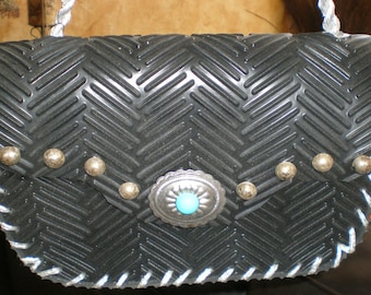 Black Handbag Turquoise Chic Industrial Southwestern Style Re-Purposed Rubber Floor-Mat -Very BoHo -Biker Chic