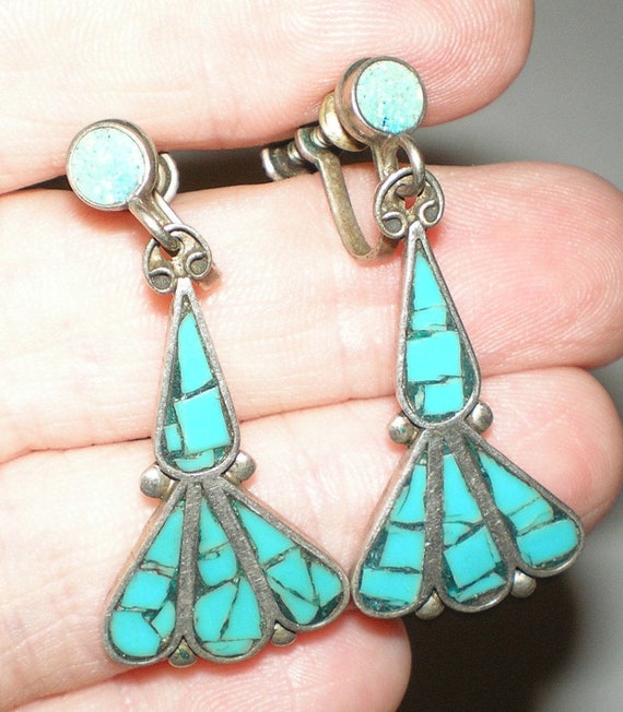 Taxco Turquoise Earrings Mexican Articulated Dang… - image 2