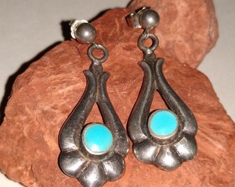 Bisbee Turquoise Sand Cast Earrings Ornate Navajo Dangle Style Sterling Silver Pierced Beauties- Vintage Gift Boxed