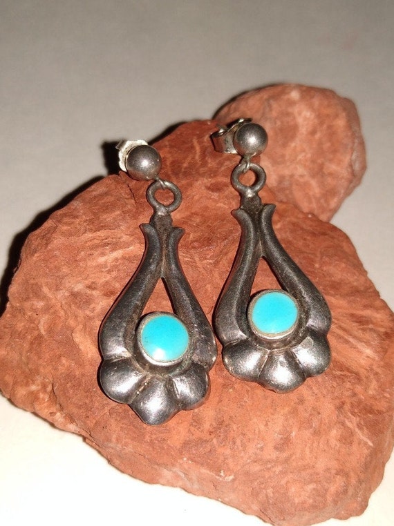 Bisbee Turquoise Sand Cast Earrings Ornate Navajo 