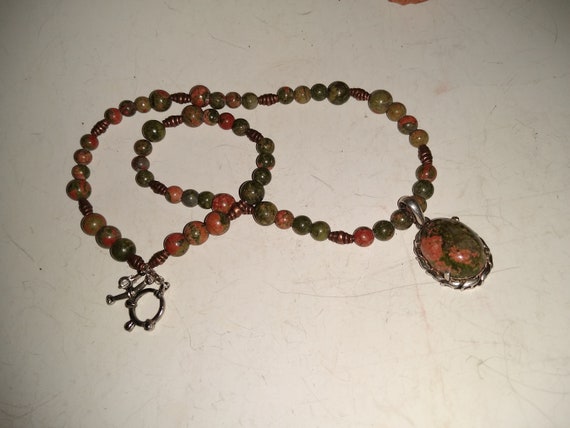 Unakite Beaded Pendant Sterling Bohemian Pink & G… - image 2