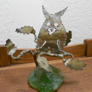 Owl Sculpture Brutalist &quot;Sarbu&quot; Signed -Jere/Evans Period Handmade &quot;Owl In Tree&quot; Figure  Metal Art Mid Century Work - Artist Signed