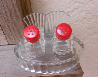 Red Art Deco Shaker Set "FAN" Pressed Glass Glass With Red Celluloid Lids S&P Shakers On Tray Beautiful Antique 3 Piece Set