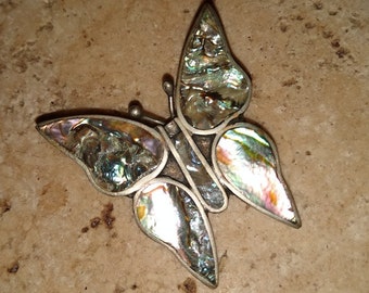 Abalone Butterfly Mexican Brooch- Alpaca Silver-Mid Century Vintage -Iridescent Flying Insect Jewelry