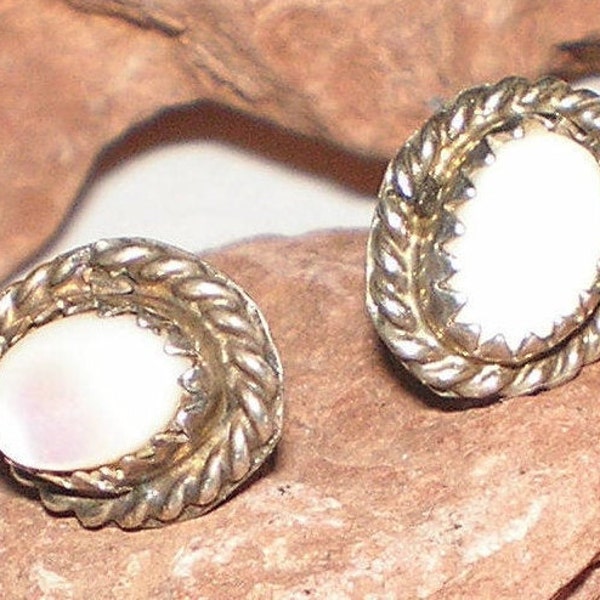 MOP Stud Earrings Sterling Silver Navajo Tribal Earrings - Vintage 70s Bezel Mount Post Back Oyster Gorgeous Fashion Statement