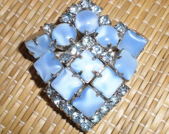 Bridal Blue Brooch Czech Glass & Rhinstone Art Deco Style Pin Brooch Vintage Gatsby Wedding Jewelry "Something Old Something Blue" Mounted