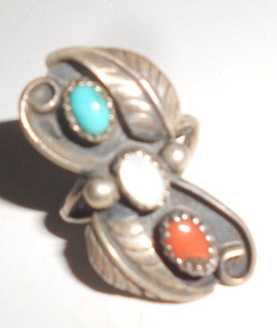 Turquoise Ring -Mother Of Pearl & Coral Navajo Si… - image 2