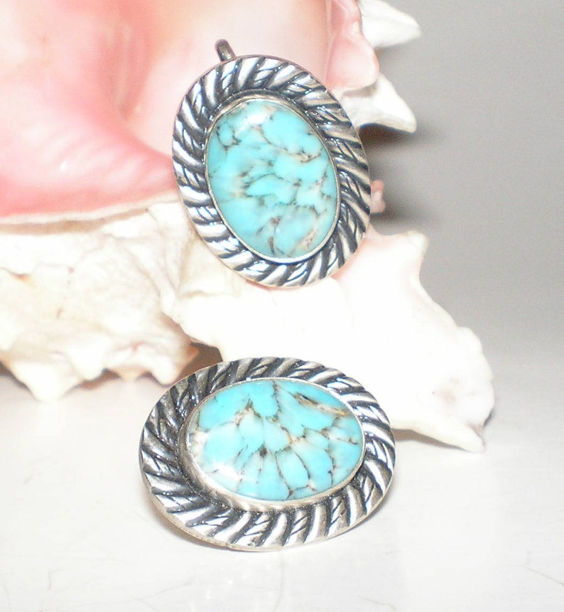 Van Dell Turquoise Earrings Signed Sterling Silver Earrings Vintage Screw Back Earthy Spiderweb Tribal Style Gorgeous Fashion Statement image 3