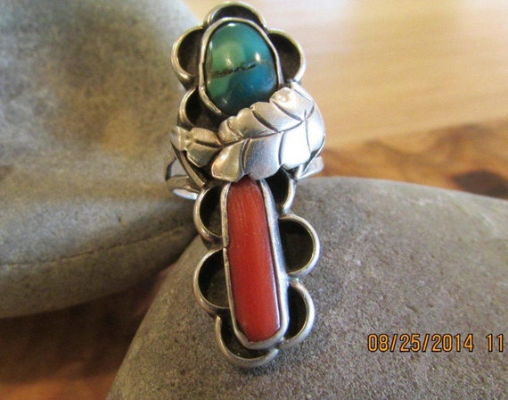 Turquoise Statement Ring With Red Branch Coral De… - image 1