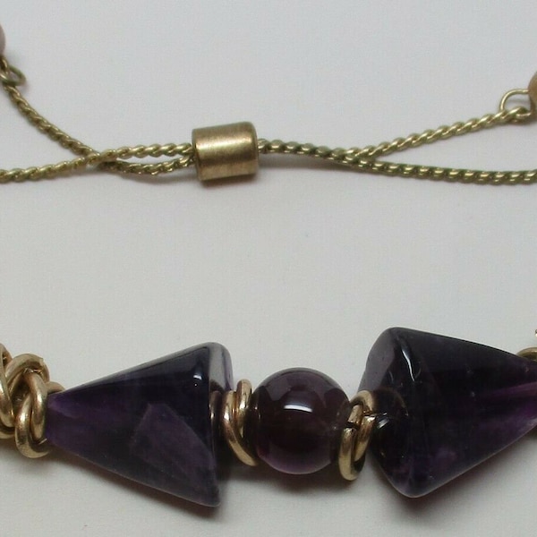 Amethyst Bolo Bracelet-Gold Plated Sterling-Adjustable Style-Healing Energy New Age Modernist Beauty