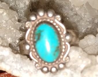 Harvey Era Turquoise Ring-Vintage Navajo Sterling Silver Collectible Beauty Size 7 Dead Pawn Native American