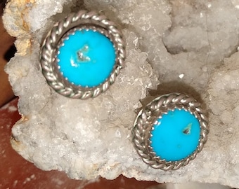 Kingman Turquoise Large Dots  "Artist Signed" Over-sized Stud Earrings Navajo Hand Crafted Sterling Silver Vintage Pierced Post-Back Unisex