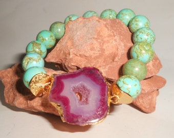 Peachblow Agate & Turquoise Bracelet-Beaded Style Turquoise Bracelet With Beautiful Purple Druzy Focal- Stretchy And Unique