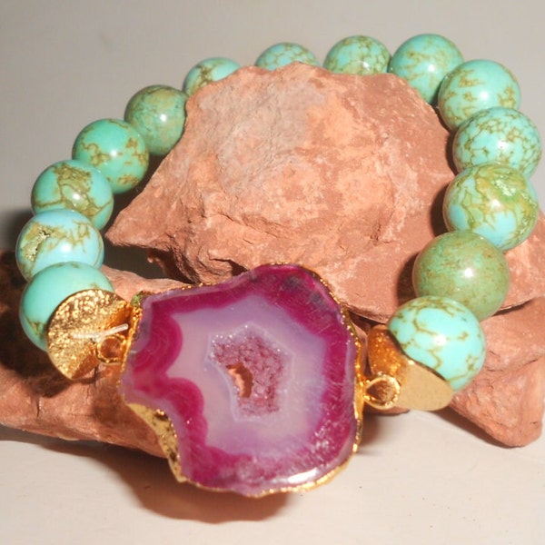 Peachblow Agate & Turquoise Bracelet-Beaded Style Turquoise Bracelet With Beautiful Purple Druzy Focal- Stretchy And Unique