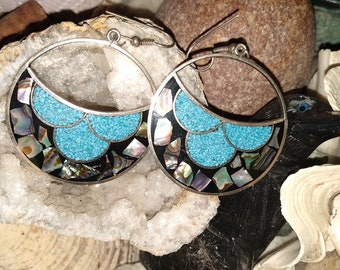 Bold Turquoise Hoop Earrings-Turquoise & Abalone Inlay Chip Detail Dangles Vintage Desert Gypsy And Hippie Chic