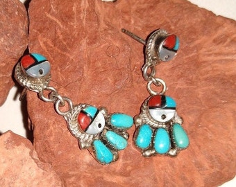 Zuni Double Sun Faced Turquoise Dangle Earrings Multi-Stone Stud Earrings "Signed" Articulated Drop Sterling Silver Pierced Posts -Vintage