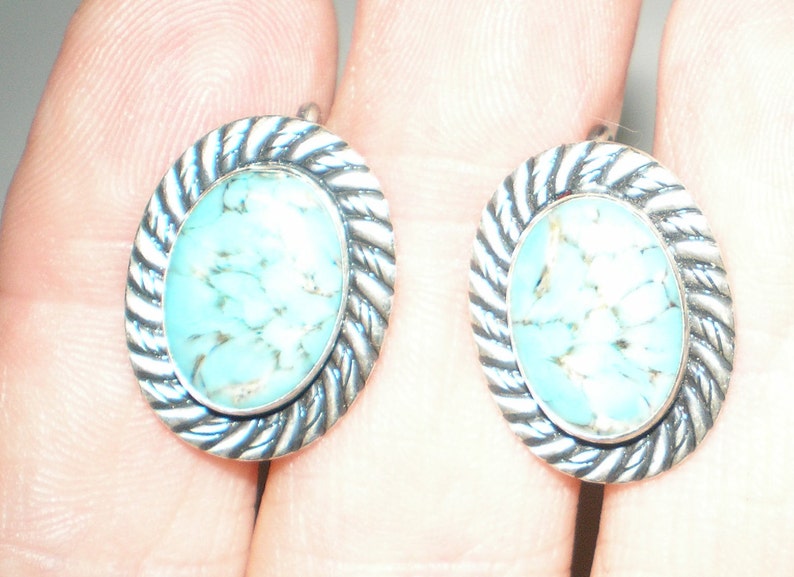 Van Dell Turquoise Earrings Signed Sterling Silver Earrings Vintage Screw Back Earthy Spiderweb Tribal Style Gorgeous Fashion Statement image 5