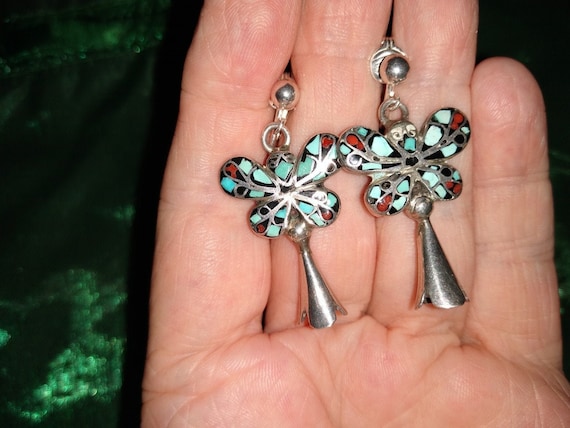 Turquoise Butterfly Mosaic Squash Blossom Earrings Multi-Stone Inlaid Sterling Silver Vintage Statement Dangles