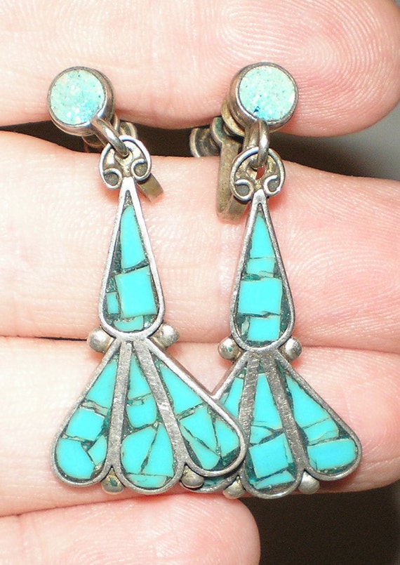 Taxco Turquoise Earrings Mexican Articulated Dang… - image 6