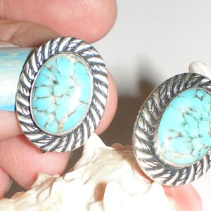 Van Dell Turquoise Earrings Signed Sterling Silver Earrings Vintage Screw Back Earthy Spiderweb Tribal Style Gorgeous Fashion Statement image 2