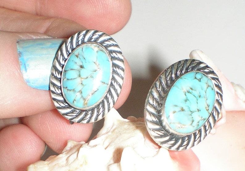 Van Dell Turquoise Earrings Signed Sterling Silver Earrings Vintage Screw Back Earthy Spiderweb Tribal Style Gorgeous Fashion Statement image 2