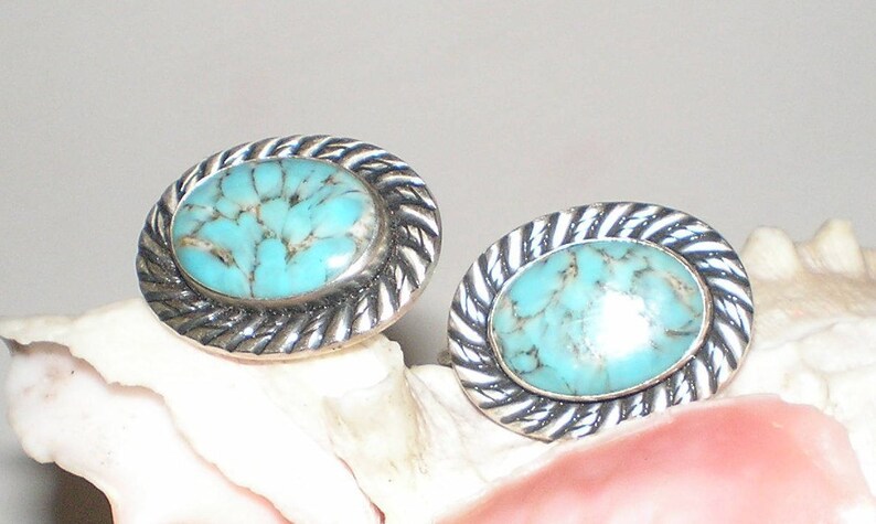 Van Dell Turquoise Earrings Signed Sterling Silver Earrings Vintage Screw Back Earthy Spiderweb Tribal Style Gorgeous Fashion Statement image 1