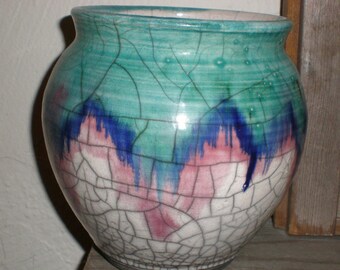 Tribal Pottery Turquoise Tahoe "Pnonos" Signed Native American Tribal-Unusual Gemstone Hued Multi Color Drip Glaze