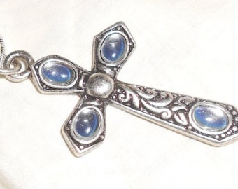 Cross Pendant French Style Clear Stone Repousse Cross Non Denominational Pendant On .925 Silver Chain