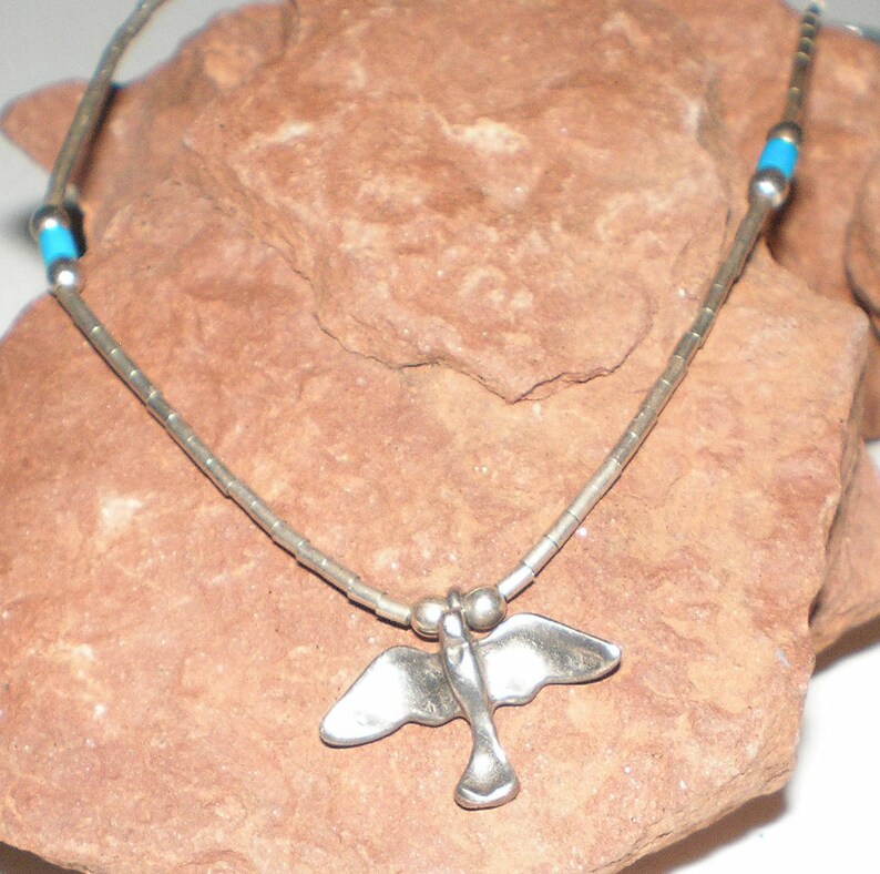 Turquoise Dove Pendant Native American Vintage Liquid Silver Image 0
