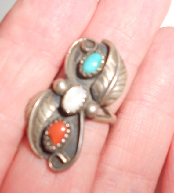 Turquoise Ring -Mother Of Pearl & Coral Navajo Si… - image 4